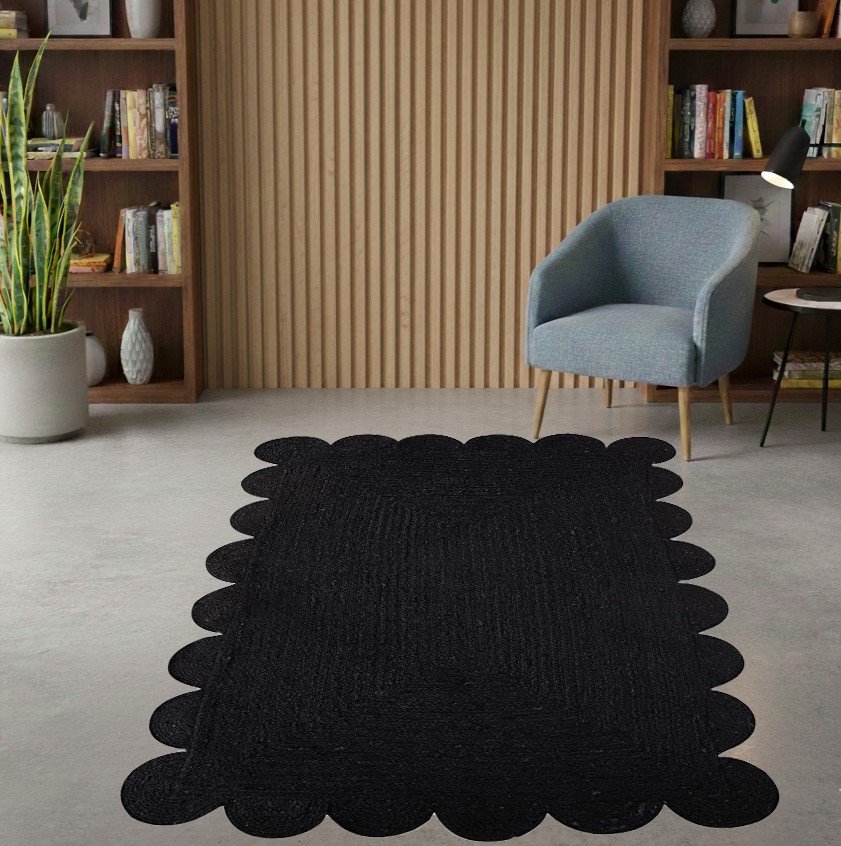 Handmade Black Scalloped Jute Area Rug | Modern Rectangular Woven Floor Rug for Living Room Bedroom