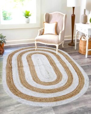 White & Natural Oval Jute Rug for Living Room | Handwoven Boho Braided Area Carpet