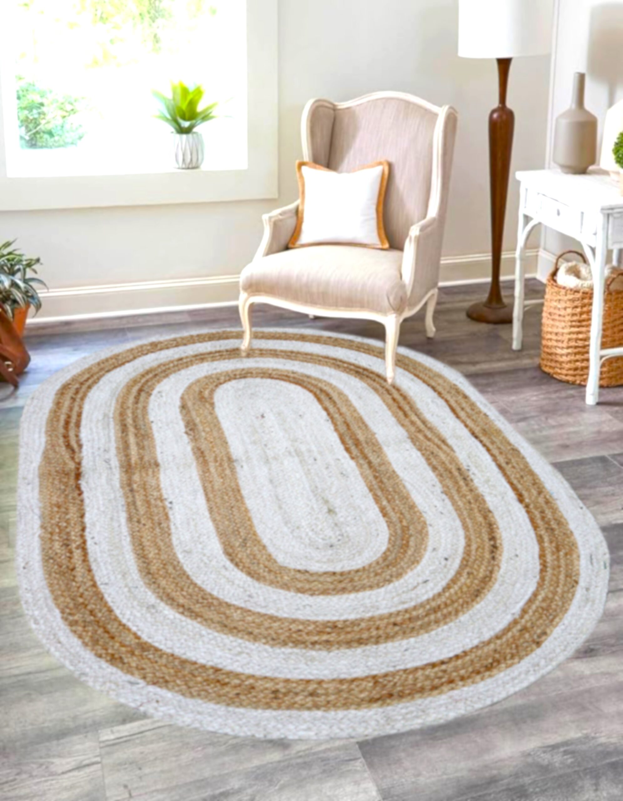 White & Natural Oval Jute Rug for Living Room | Handwoven Boho Braided Area Carpet