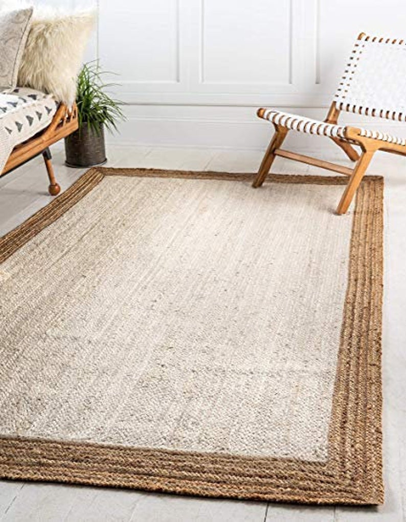 Handwoven Natural Jute Rug with White Center & Brown Border | Eco-Friendly Boho Area Carpet