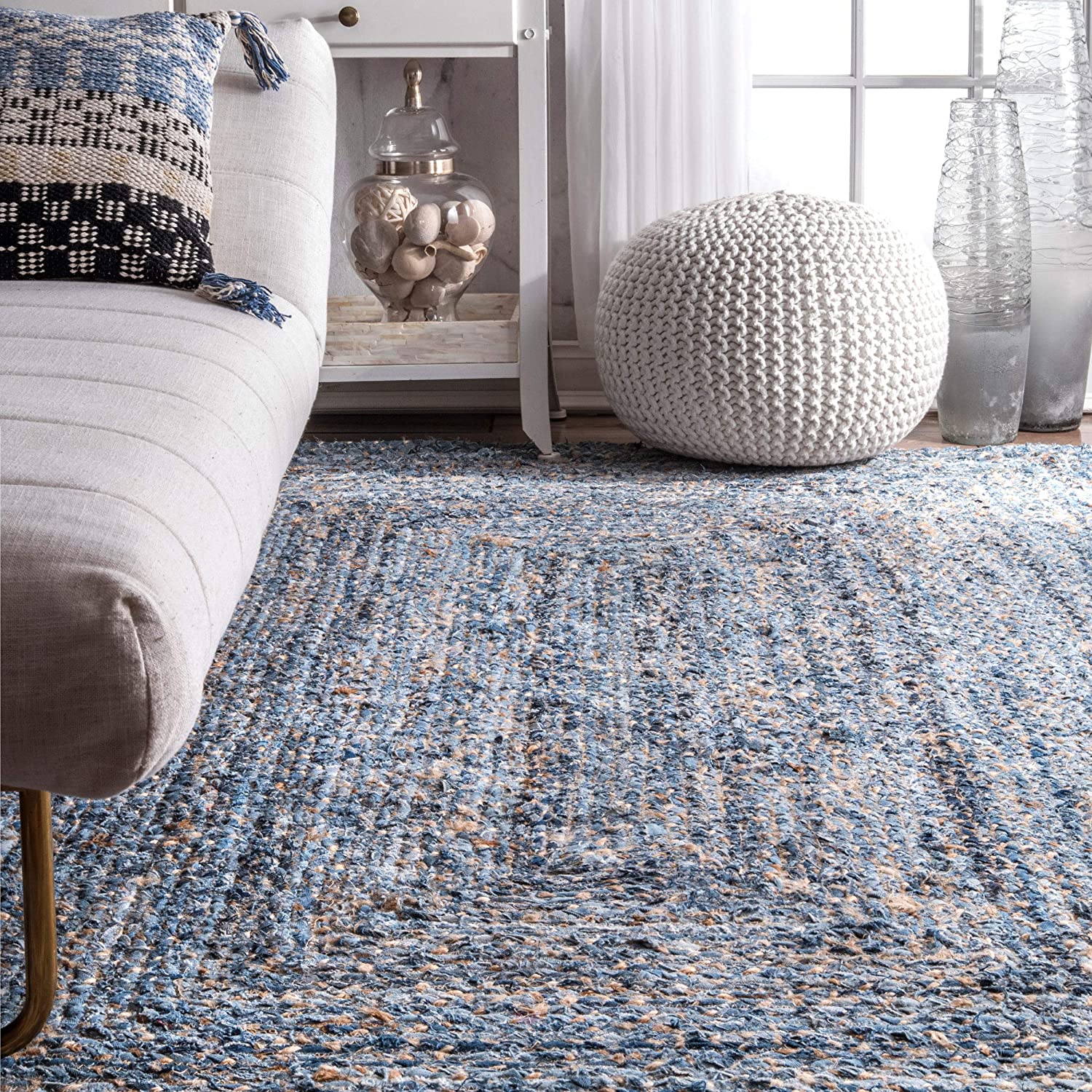 Handmade Denim Jute Area Rug | Blue Recycled Denim Braided Carpet