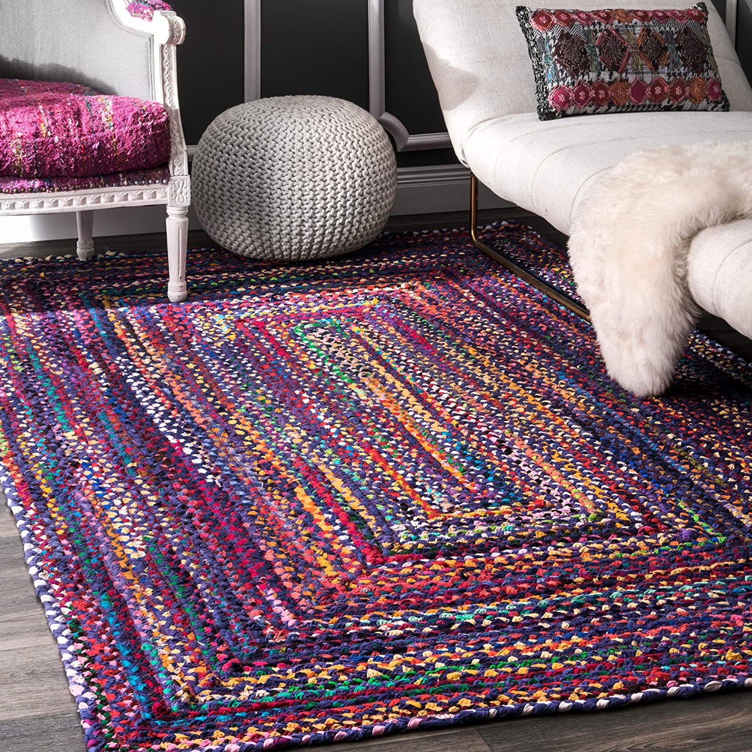 Handmade Blue Multicolor Chindi Cotton Rug | Braided Boho Area Carpet