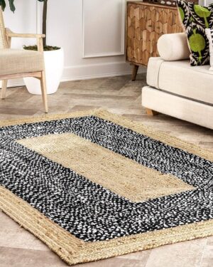 Handmade Black & Natural Jute Area Rug | Modern Boho Braided Carpet