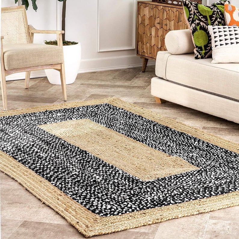 Handmade Black & Natural Jute Area Rug | Modern Boho Braided Carpet