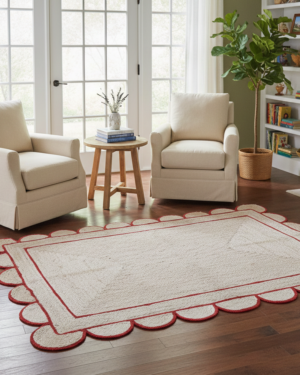 Handmade Ivory Scalloped Border Jute Rug with Red Trim | Modern Rectangular Natural Fiber Area Rug
