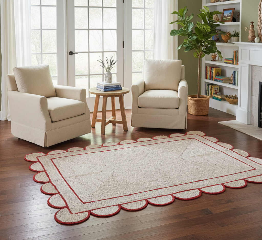 Handmade Ivory Scalloped Border Jute Rug with Red Trim | Modern Rectangular Natural Fiber Area Rug