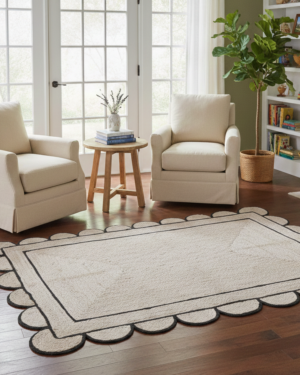 Handmade Ivory Scalloped Border Jute Rug with Black Trim | Modern Natural Fiber Area Rug
