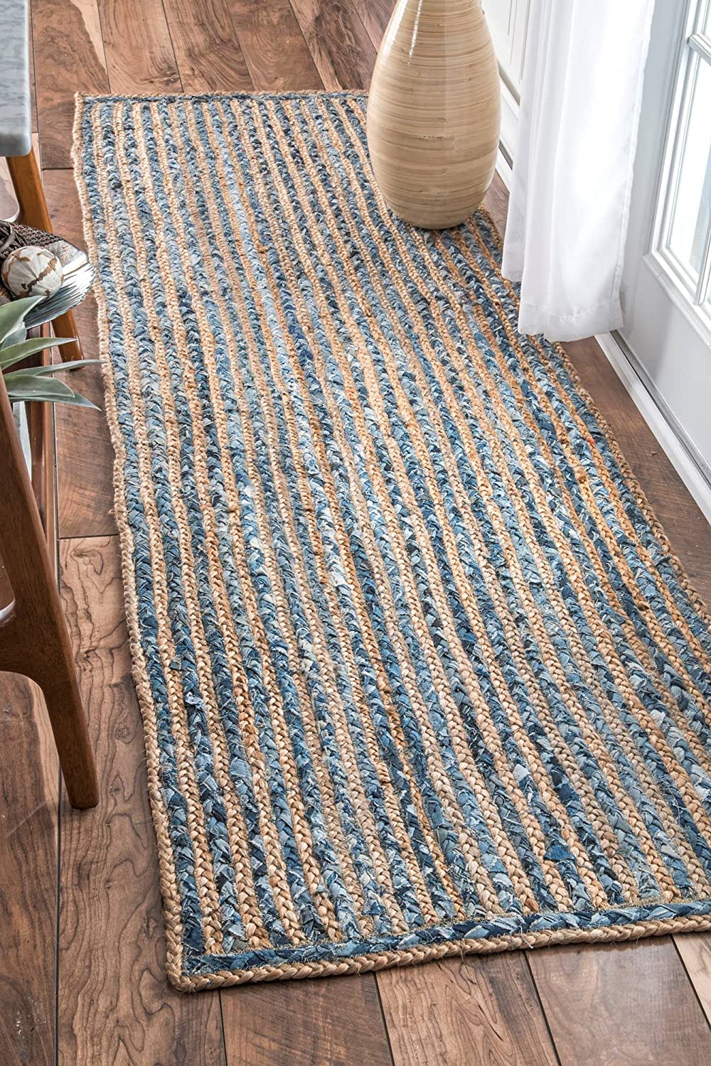 Blue Jute and Denim Rug Handmade | Natural Braided Area Carpet