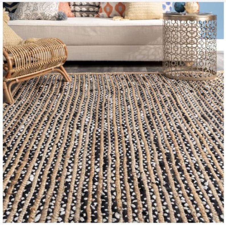Handmade Black & Natural Jute Cotton Rug | Modern Striped Area Carpet