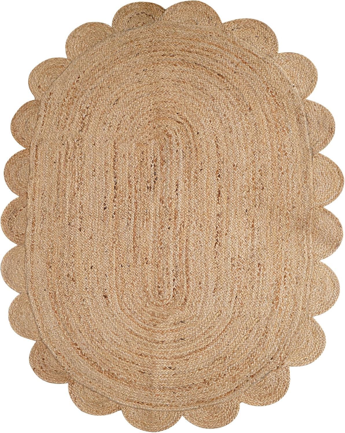 Natural Handmade Oval Jute Rug with Scalloped Edge | Eco-Friendly Boho Area Carpet