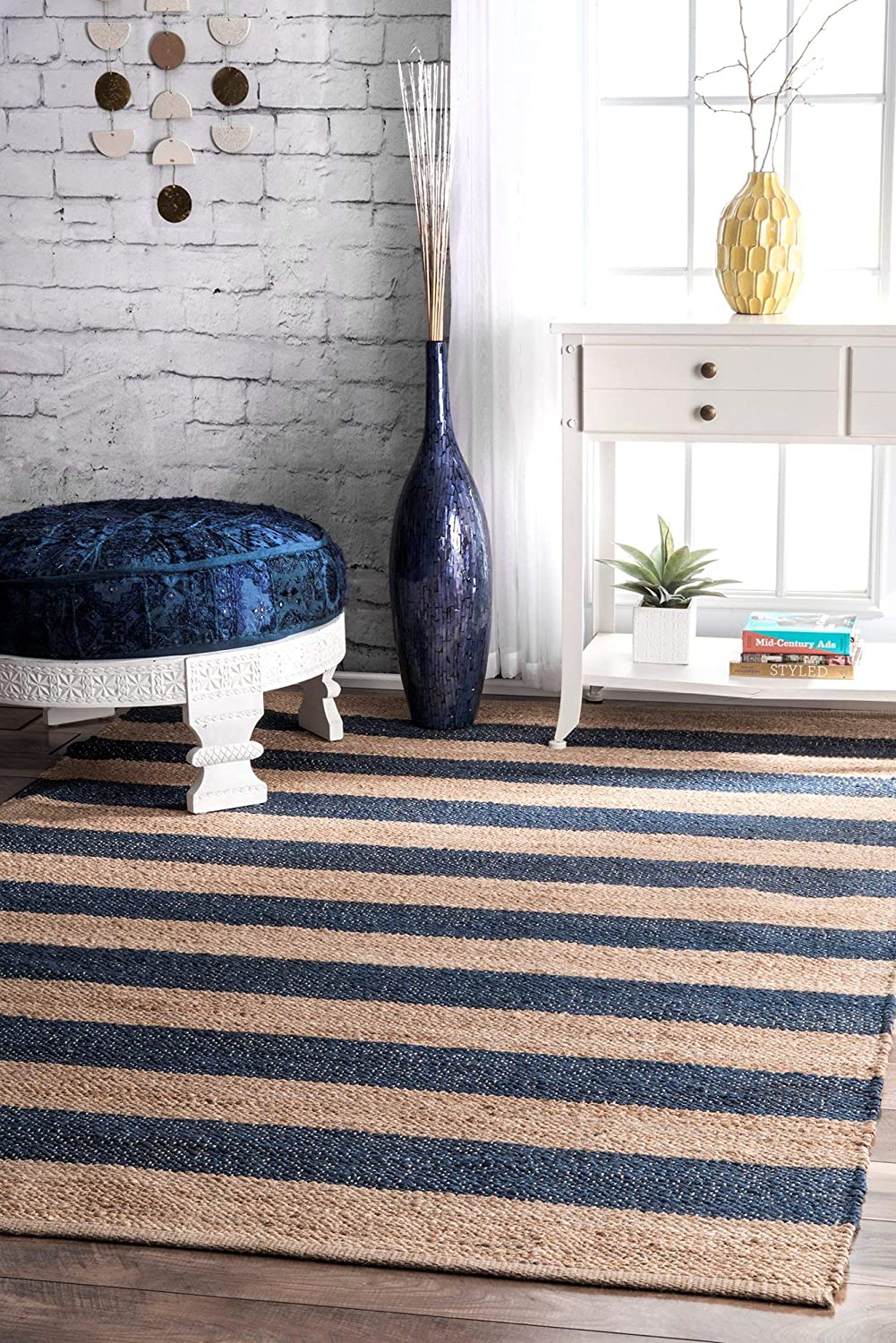 Handmade Blue Striped Jute Rug | Natural Braided Area Carpet