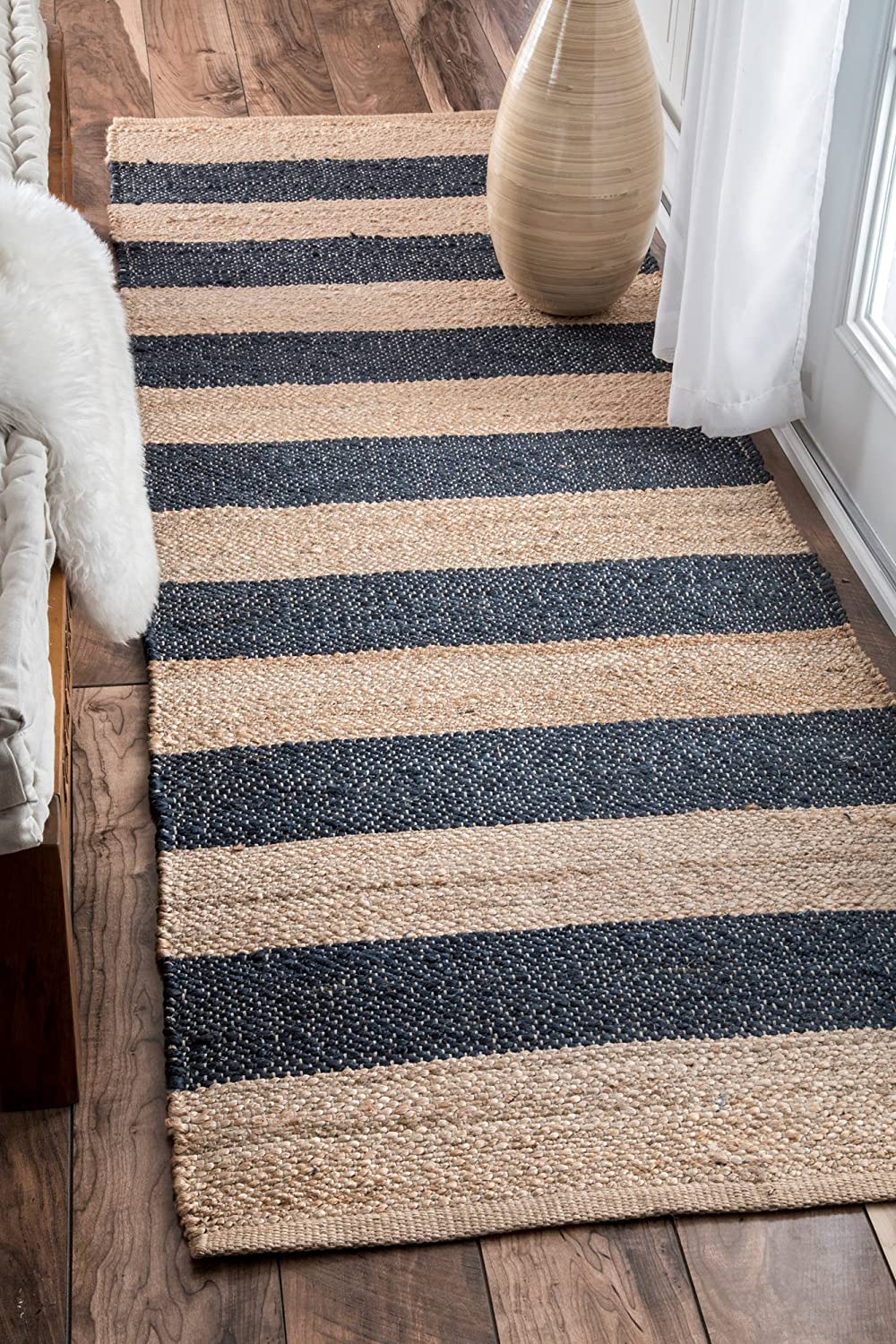 Handmade Blue Striped Jute Denim Rug | Modern Natural Area Carpet