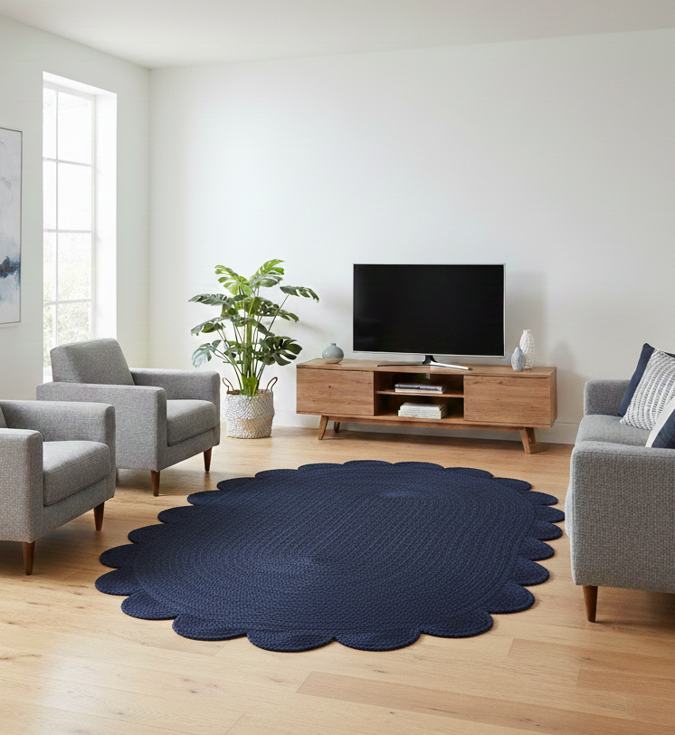 Handmade Natural Oval Jute Rug with Scalloped Border | Boho Natural Fiber Area Rug for Bedroom & Living Room