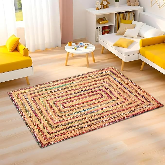 Handmade Rectangular Jute & Cotton Rug | Braided Boho Natural Fiber Area Rug for Home Décor