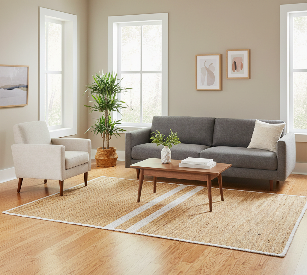 Handmade Natural Jute Rug with White Stripe Border | Eco-Friendly Rectangular Area Rug for Living Room & Bedroom
