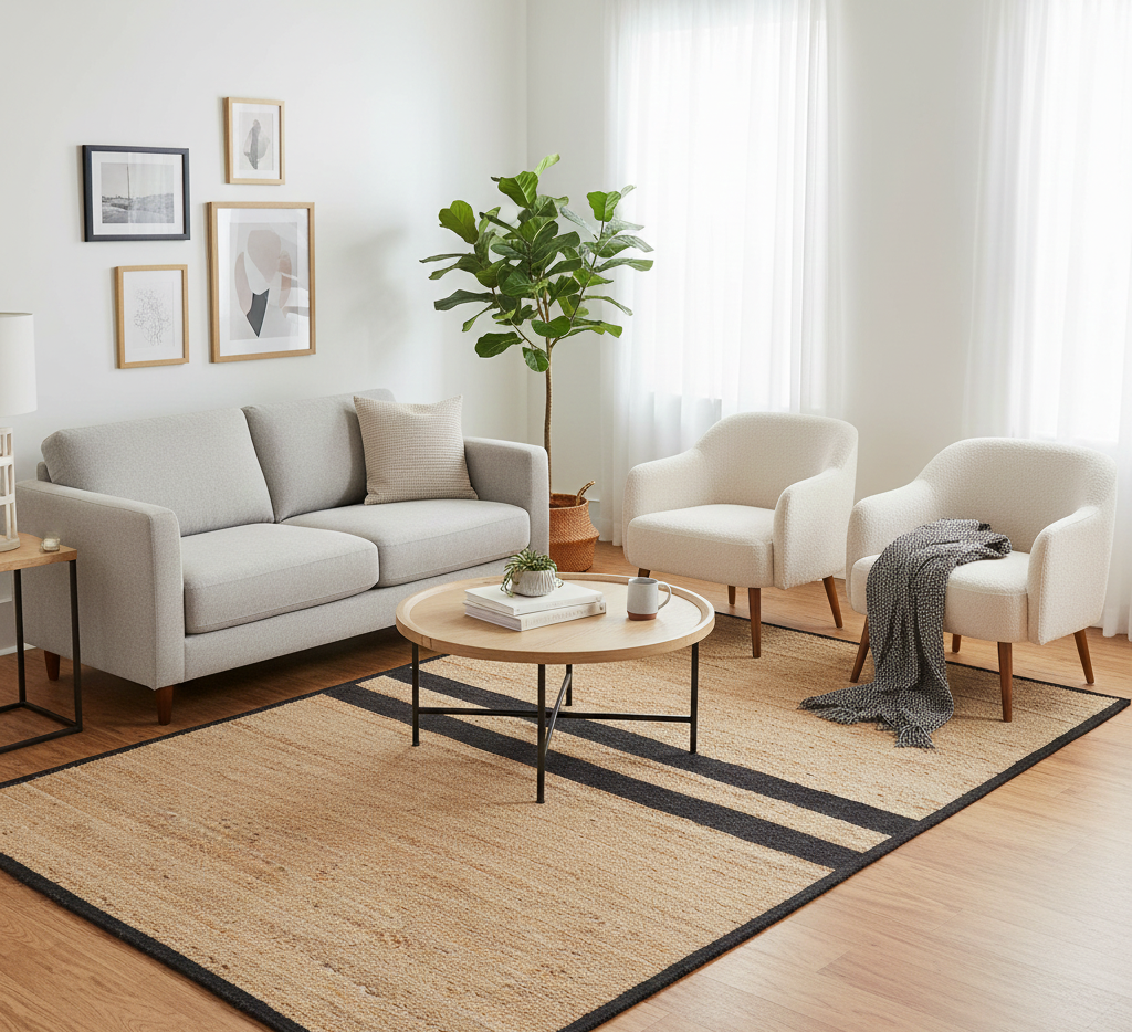 Handmade Natural Jute Rug with Black Stripe Border | Eco-Friendly Rectangular Area Rug for Living Room