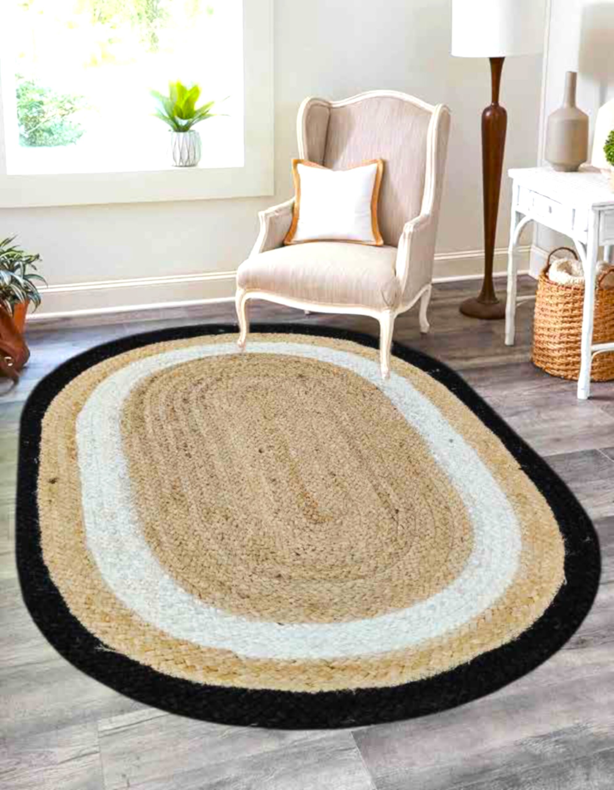 Natural Oval Braided Jute Rug with Black & White Border | Handmade Farmhouse Area Carpet
