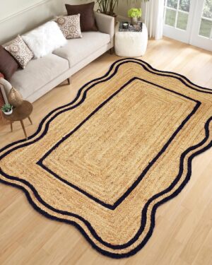 Handmade Scalloped Border Jute Area Rug | Rectangular Braided Natural Fiber Rug for Living Room Bedroom