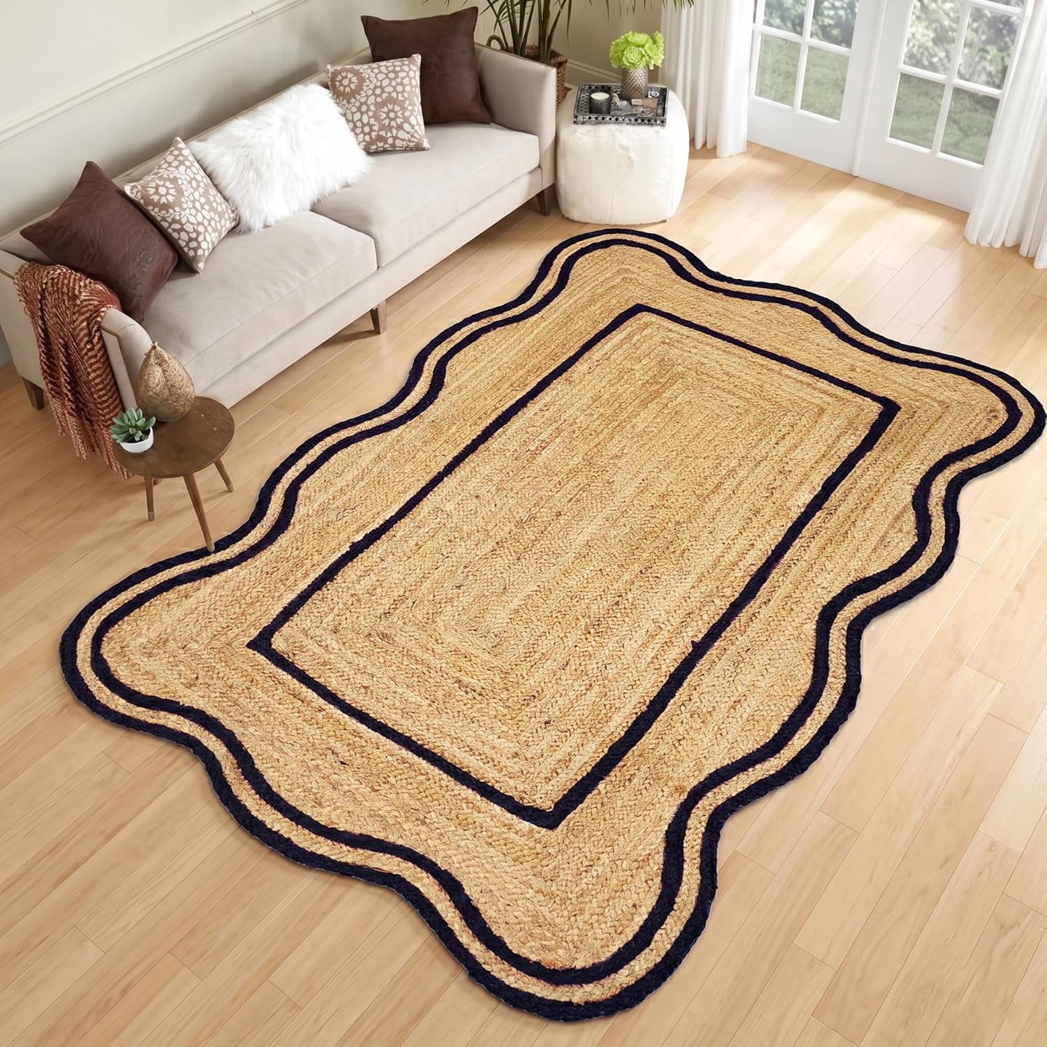 Handmade Scalloped Border Jute Area Rug | Rectangular Braided Natural Fiber Rug for Living Room Bedroom