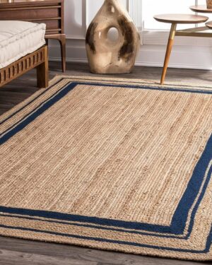 Natural Jute Area Rug with Blue Border | Handwoven Boho Carpet
