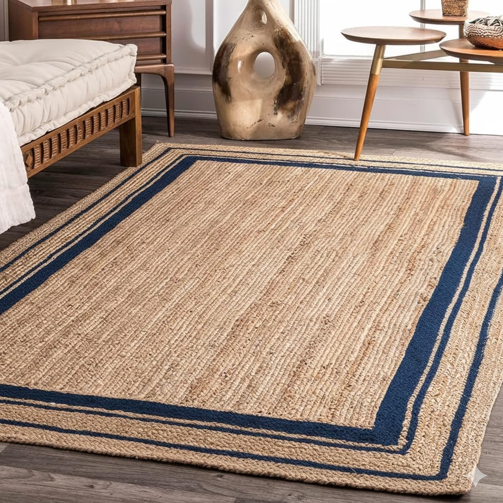 Natural Jute Area Rug with Blue Border | Handwoven Boho Carpet