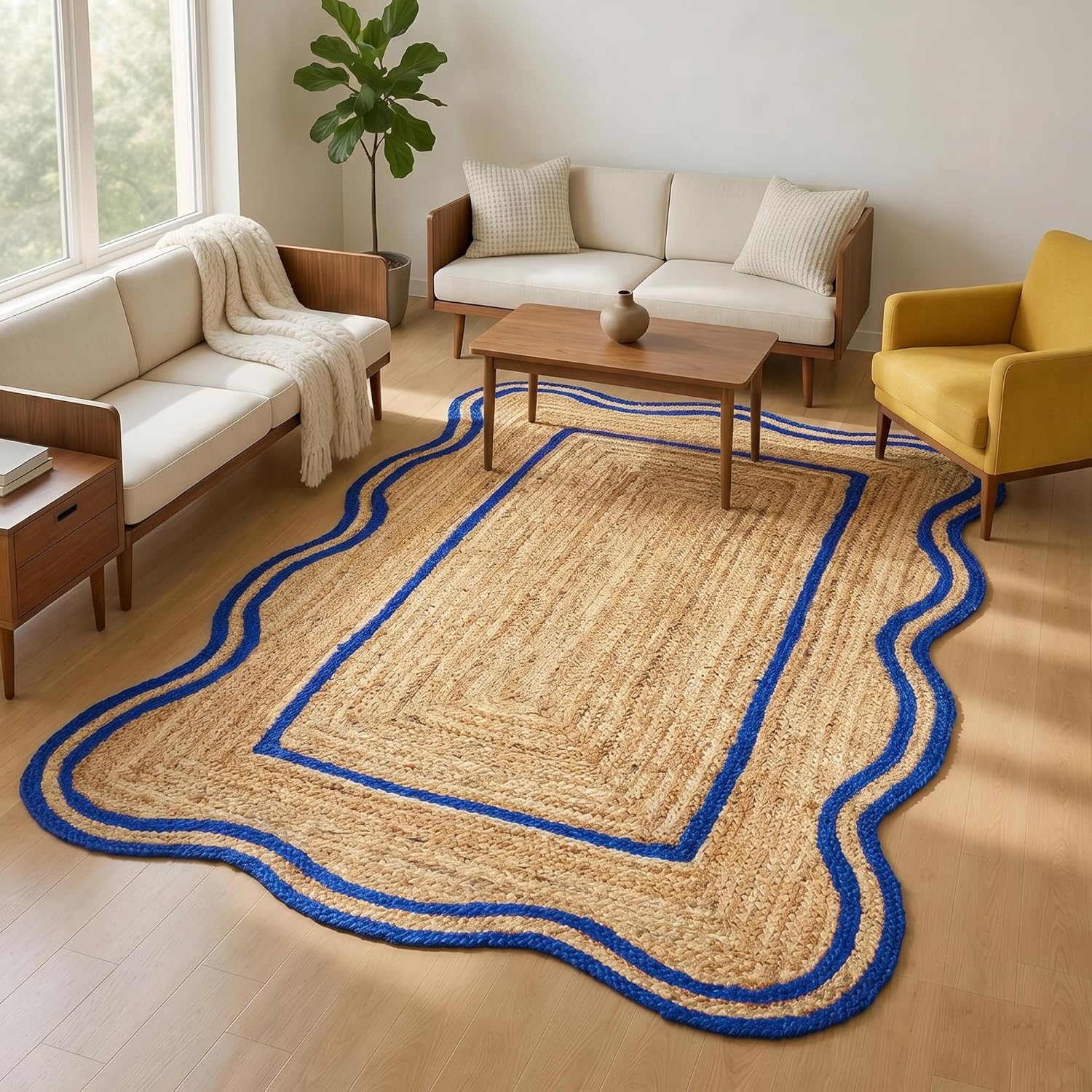 Blue Border Scalloped area rug