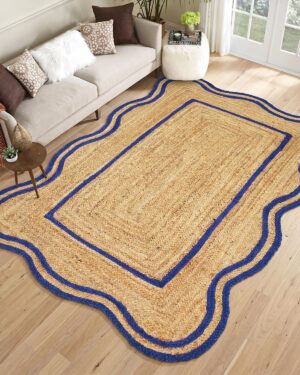 Handmade Scalloped Border Jute Area Rug with Blue Border | Braided Natural Fiber Rug