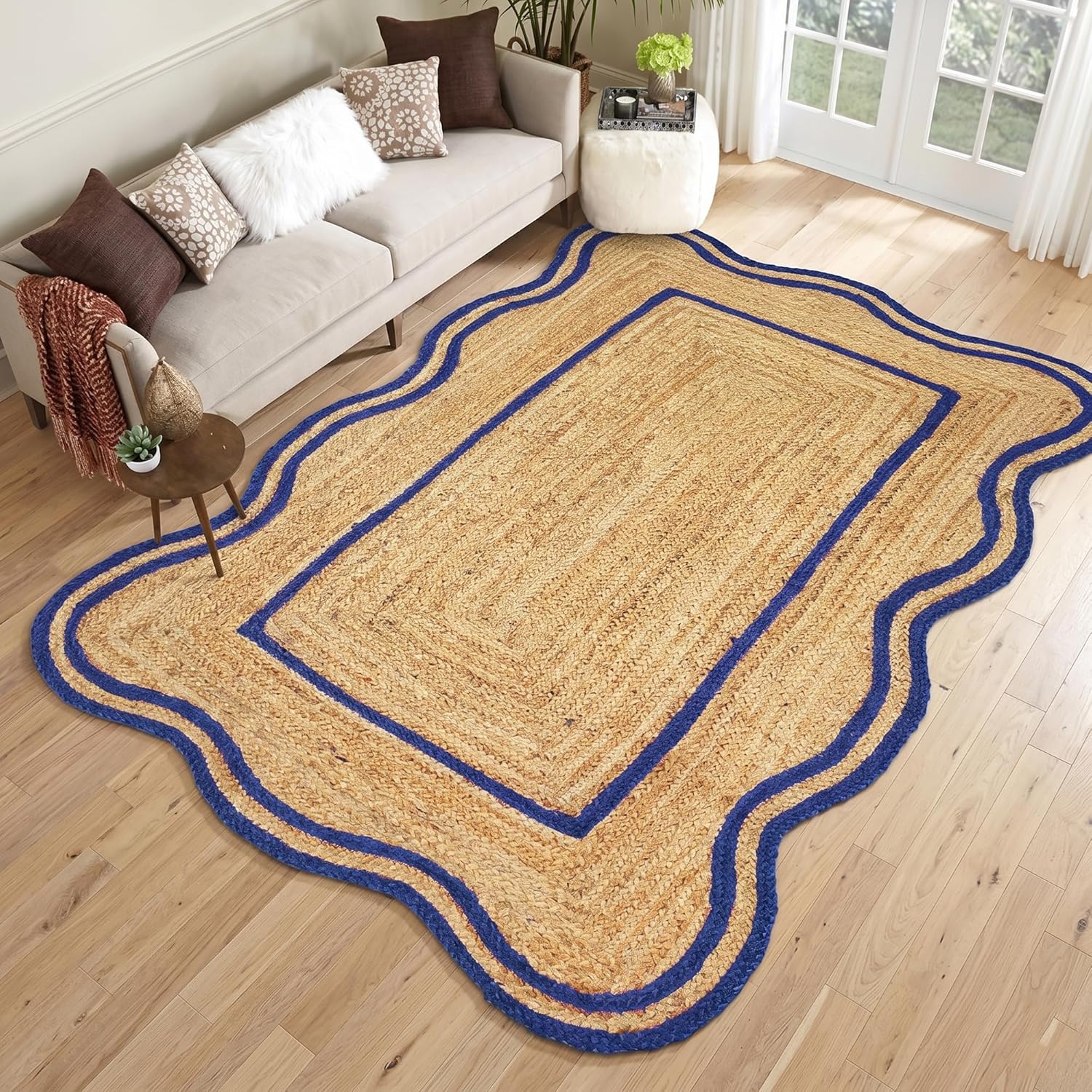 Handmade Scalloped Border Jute Area Rug with Blue Border | Braided Natural Fiber Rug