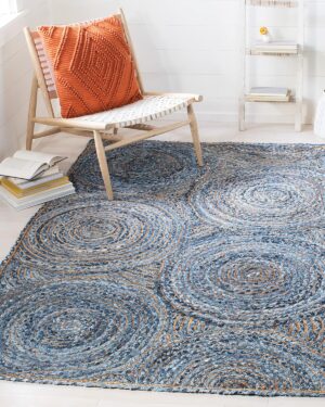 Handmade Denim & Jute Braided Area Rug | Spiral Pattern Rectangular Rug for Living Room Bedroom