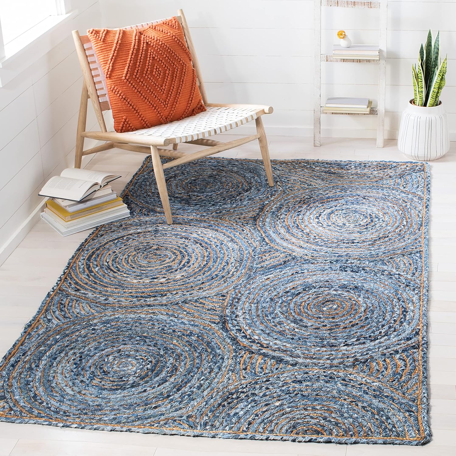Handmade Denim & Jute Braided Area Rug | Spiral Pattern Rectangular Rug for Living Room Bedroom