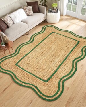 Handmade Scalloped Border Jute Area Rug with Green Double Border | Braided Natural Fiber Rug