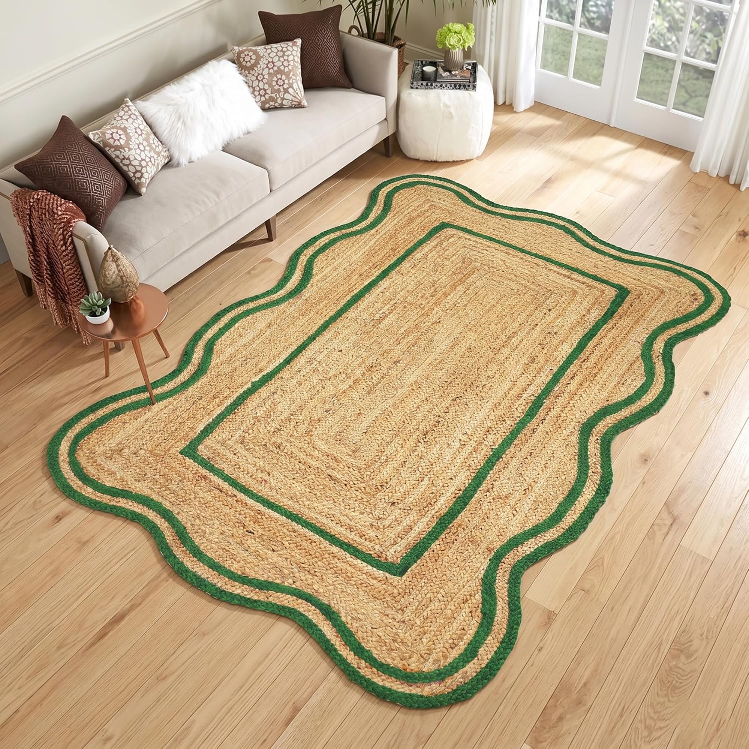 Handmade Scalloped Border Jute Area Rug with Green Double Border | Braided Natural Fiber Rug