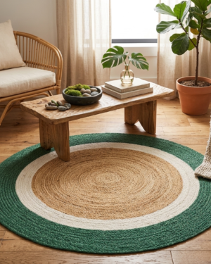 Round Handmade Jute Rug with Green Accent Border Eco Friendly Farmhouse Carpet for Rustic Home Decor