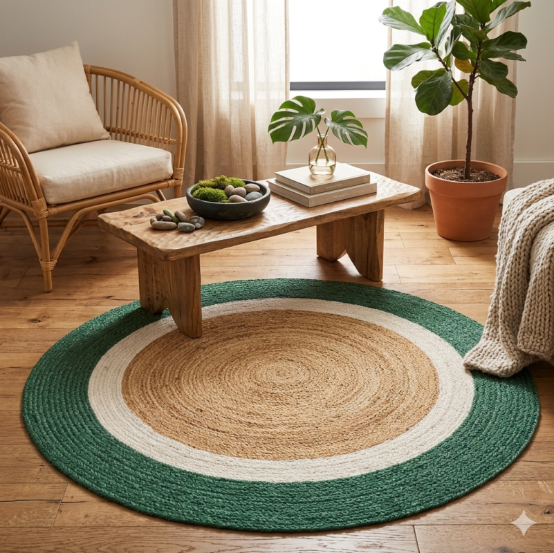 Round Handmade Jute Rug with Green Accent Border Eco Friendly Farmhouse Carpet for Rustic Home Decor