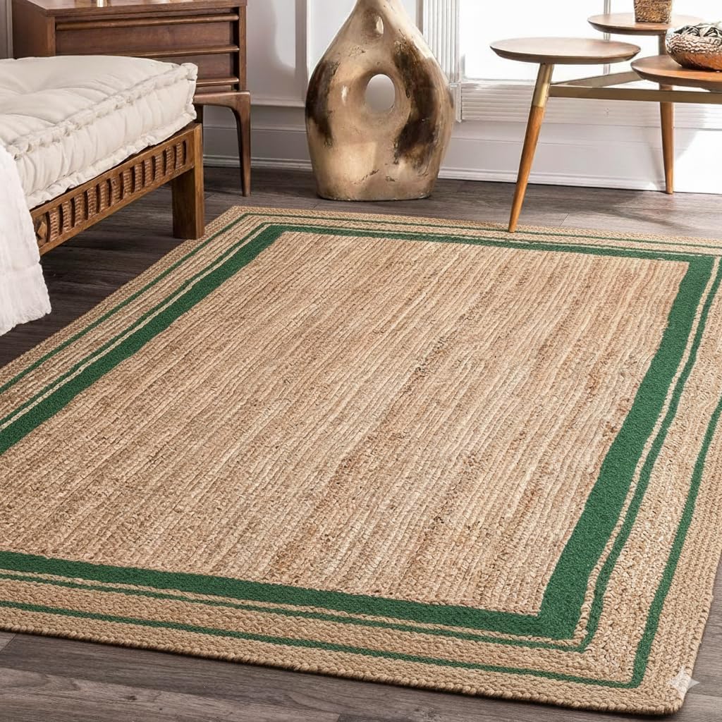 Handmade Natural Jute Rug with Green Border | Boho Farmhouse Area Carpet