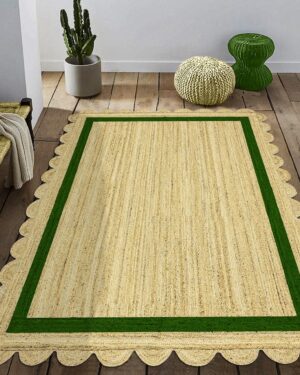 Handmade Scalloped Border Jute Area Rug with Green Border | Rectangular Natural Fiber Rug for Living Room Bedroom