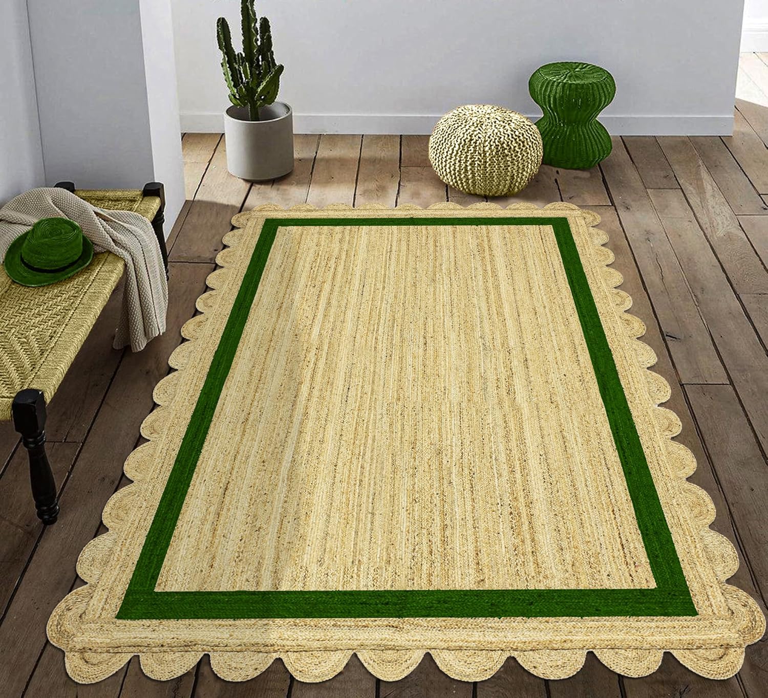 Handmade Scalloped Border Jute Area Rug with Green Border | Rectangular Natural Fiber Rug for Living Room Bedroom