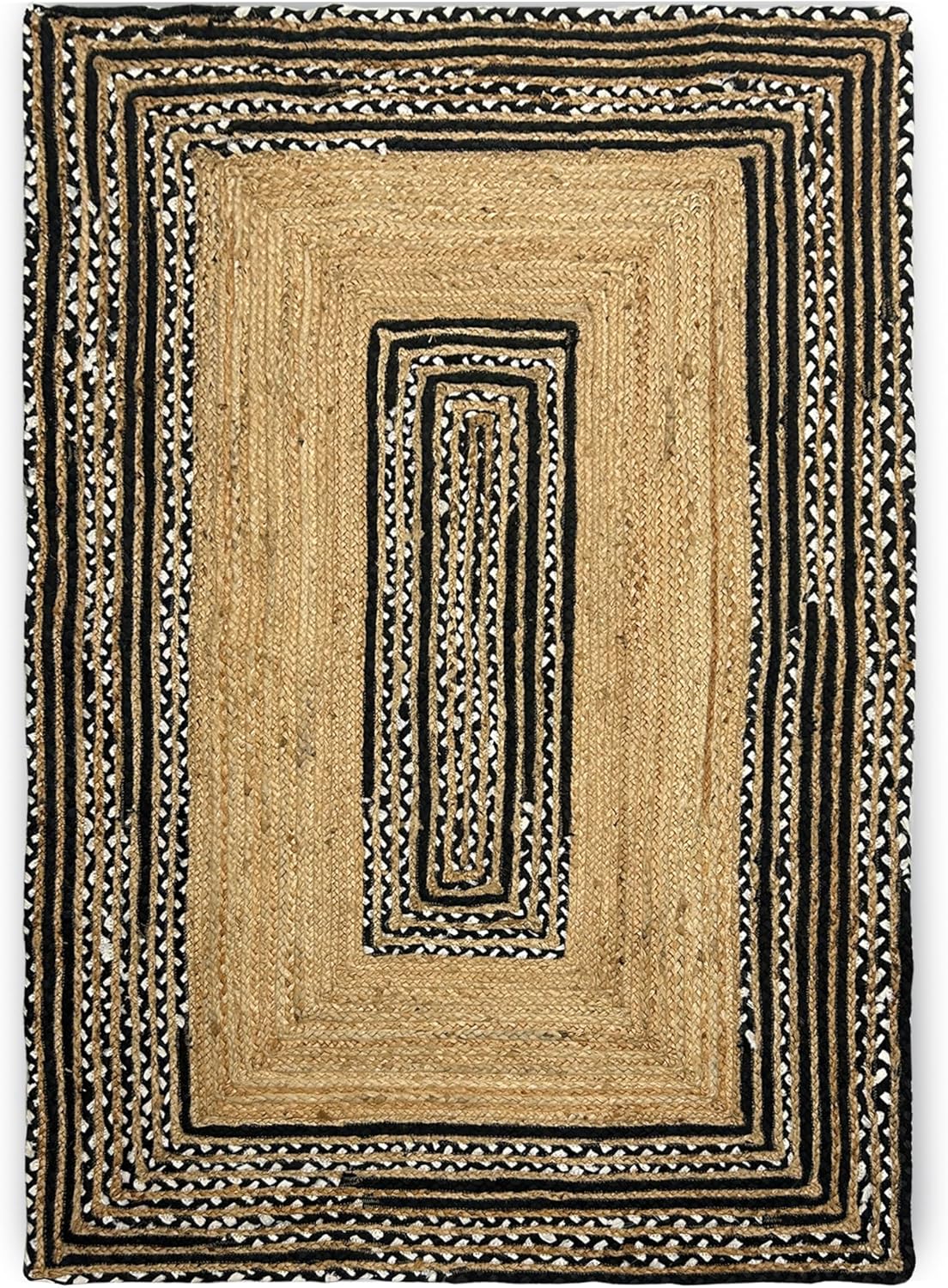 Handmade Black in white cotton rect jute floor area rug01