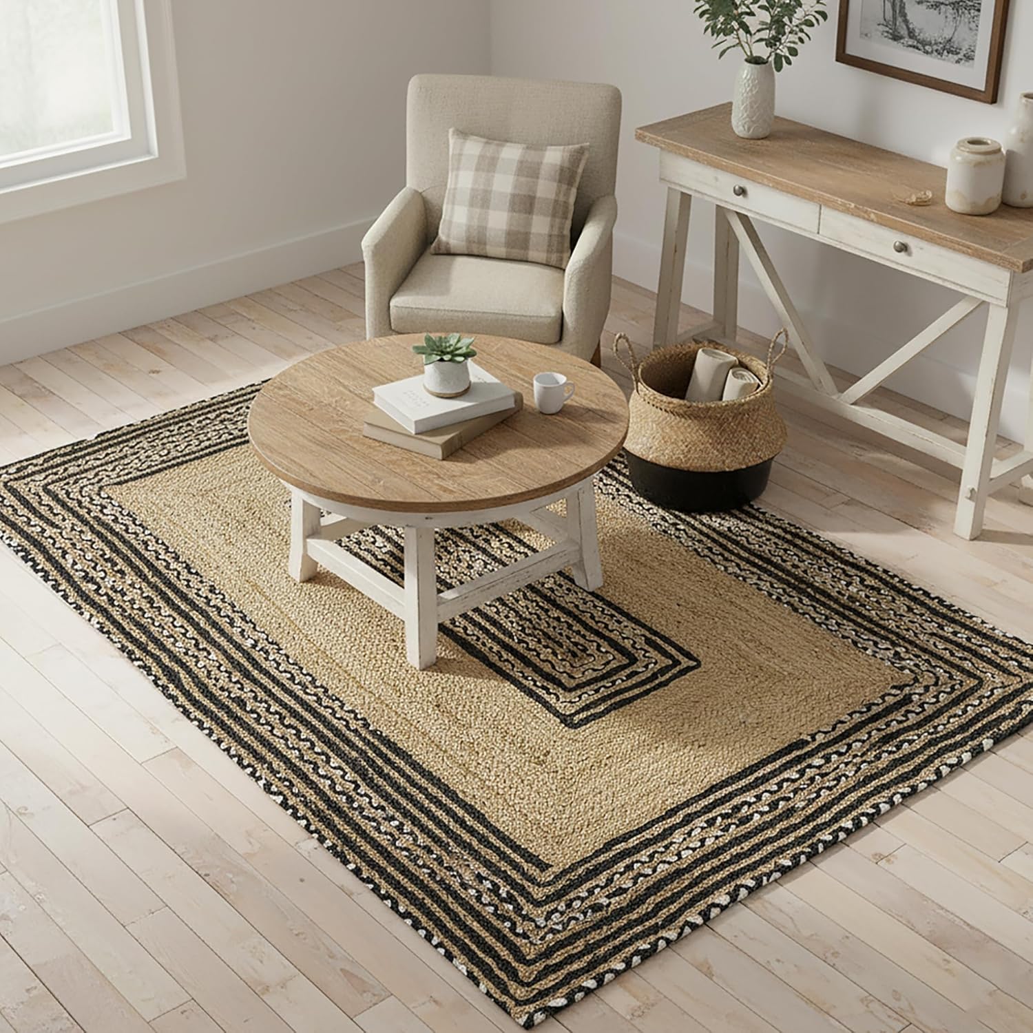 Handmade Black in white cotton rect jute floor area rug02