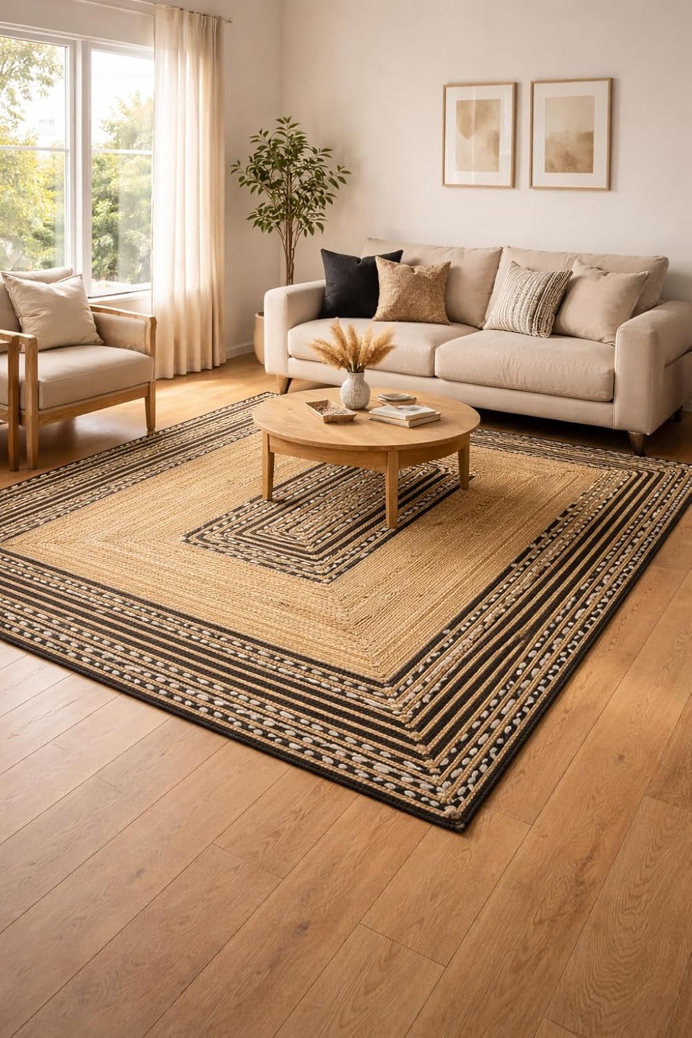 Handmade Jute & Cotton Rectangular Area Rug | Black and White Border Woven Floor Carpet