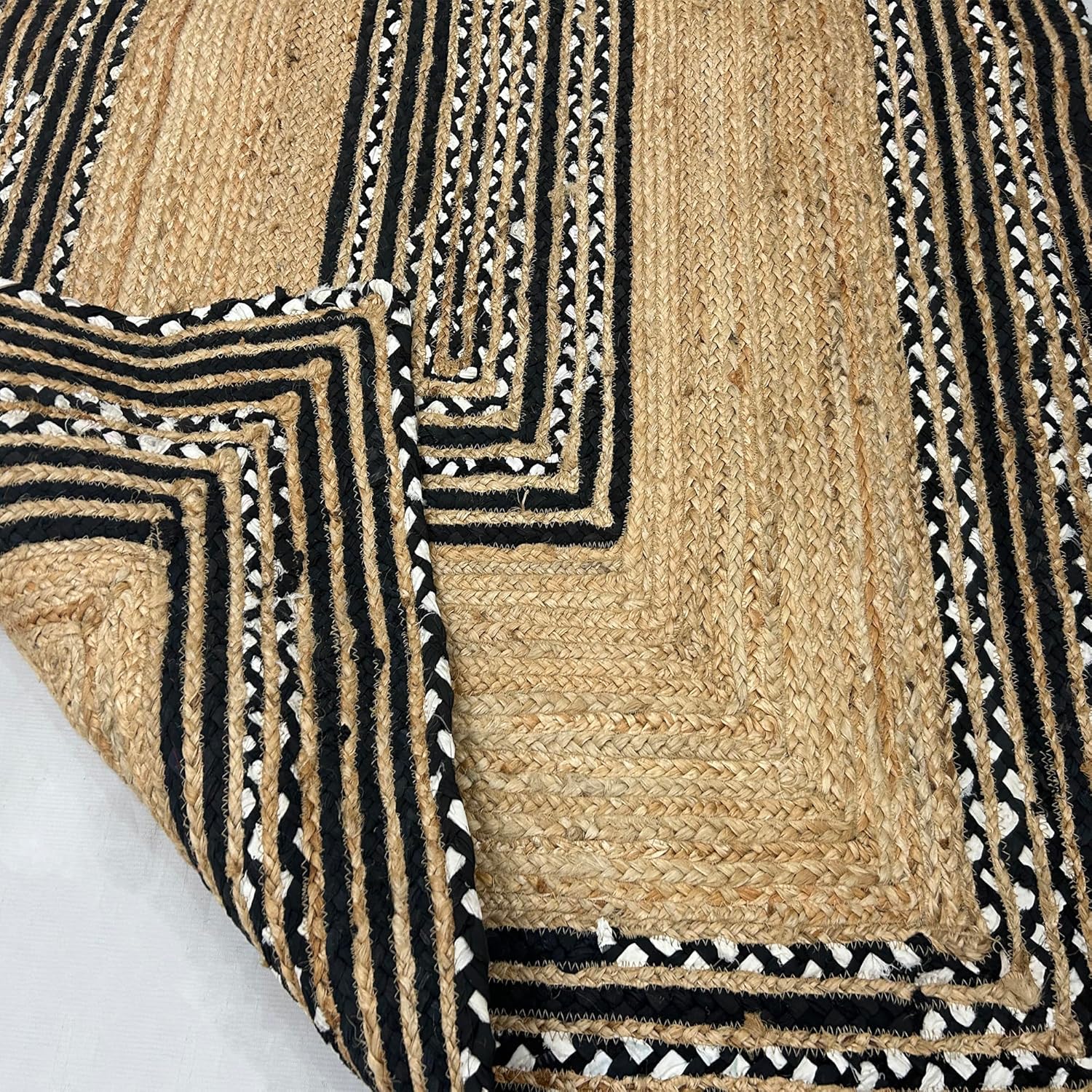 Handmade Black in white cotton rect jute floor area rug05