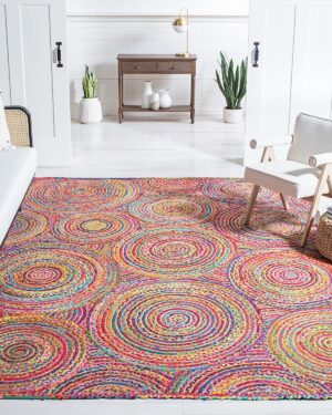 Handmade Multicolor Cotton Braided Area Rug | Spiral Pattern Colorful Floor Rug for Living Room Bedroom
