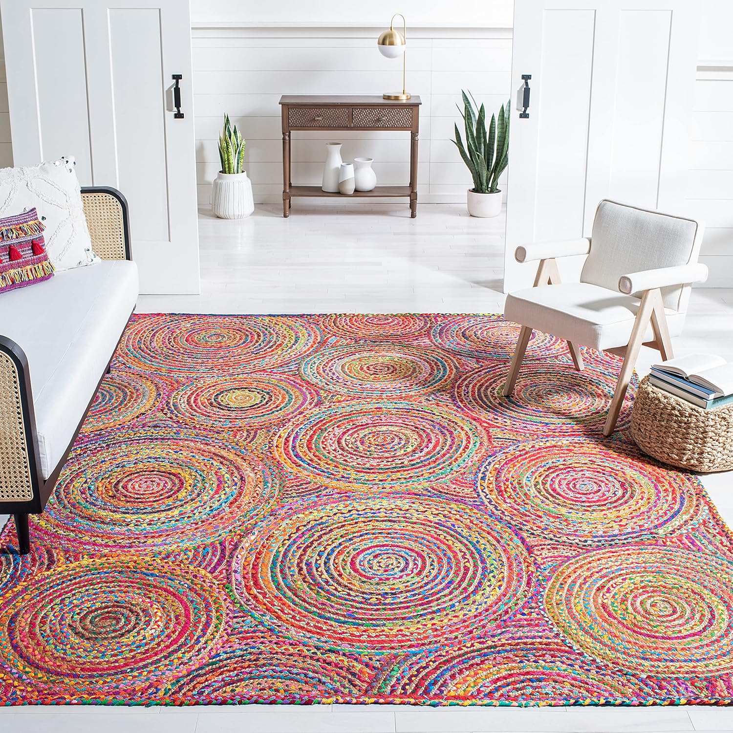 Handmade Multicolor Cotton Braided Area Rug | Spiral Pattern Colorful Floor Rug for Living Room Bedroom