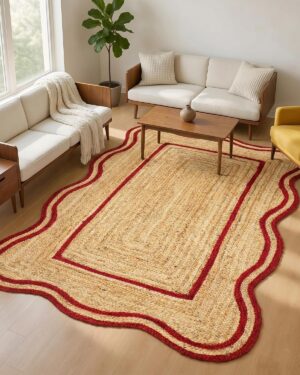 Handmade Scalloped Border Jute Area Rug with Red Double Border | Braided Natural Fiber Rug for Living Room Bedroom