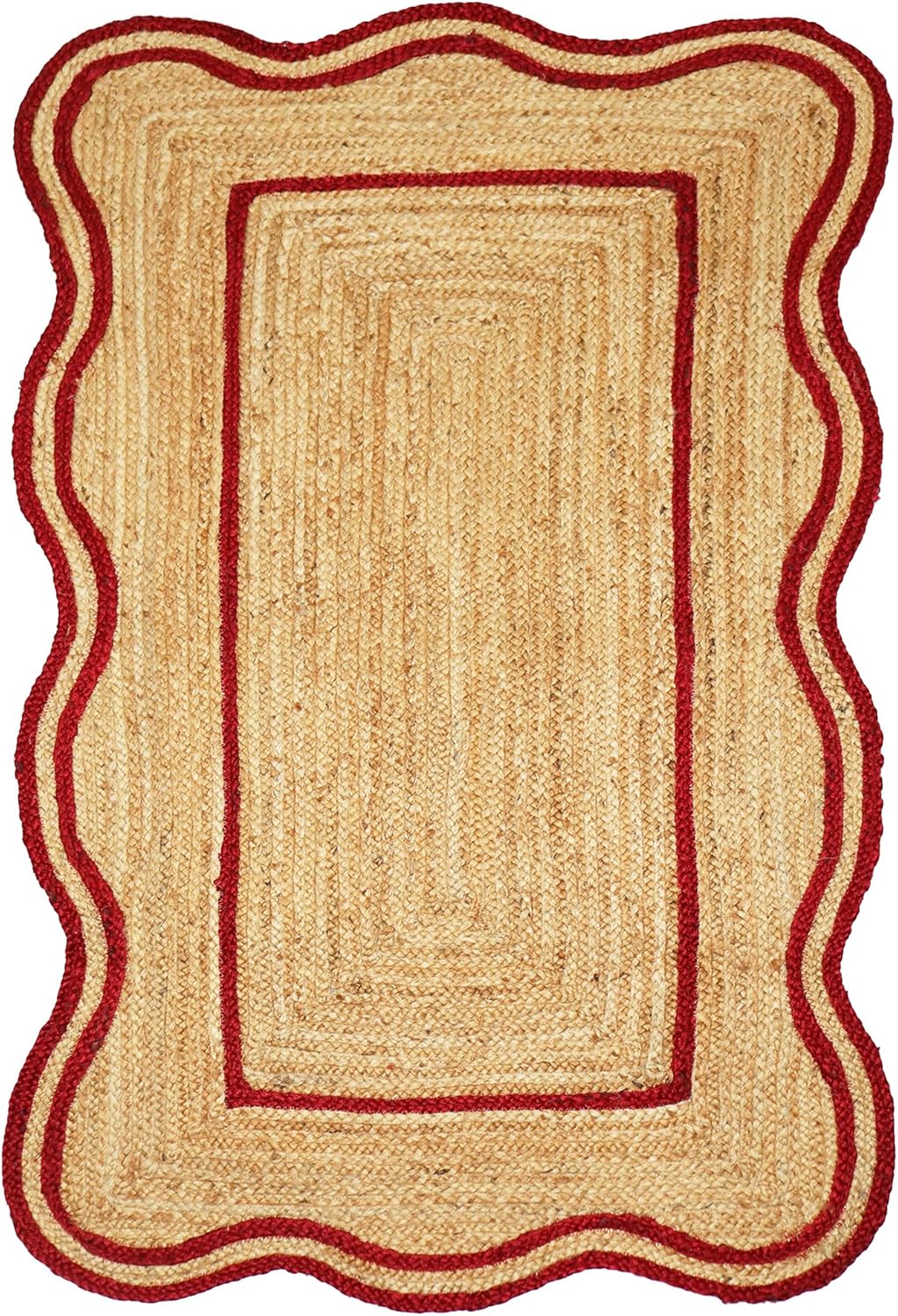 Red Double Border Scalloped Floor Area Rug01