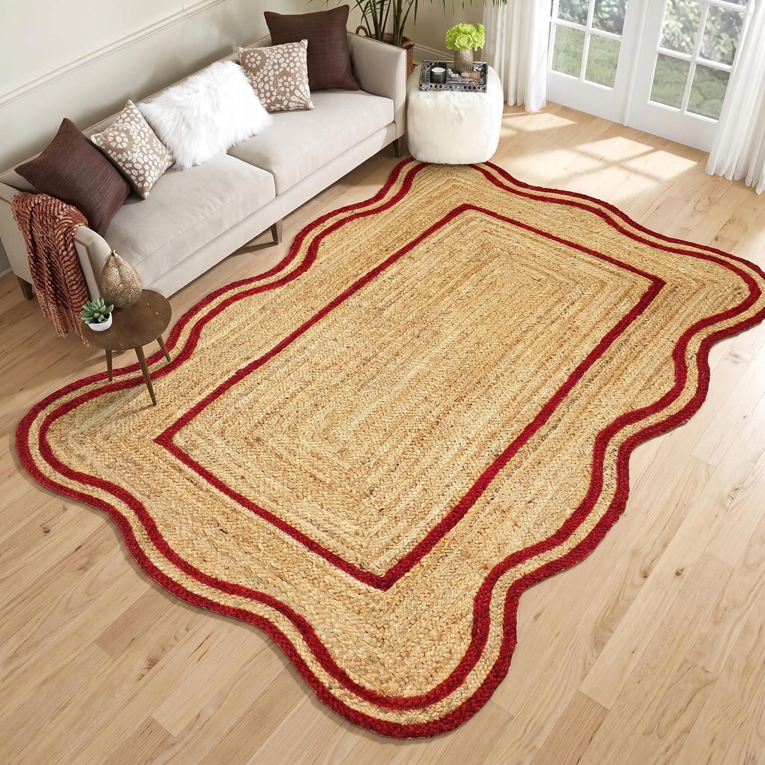 Red Double Border Scalloped Floor Area Rug04