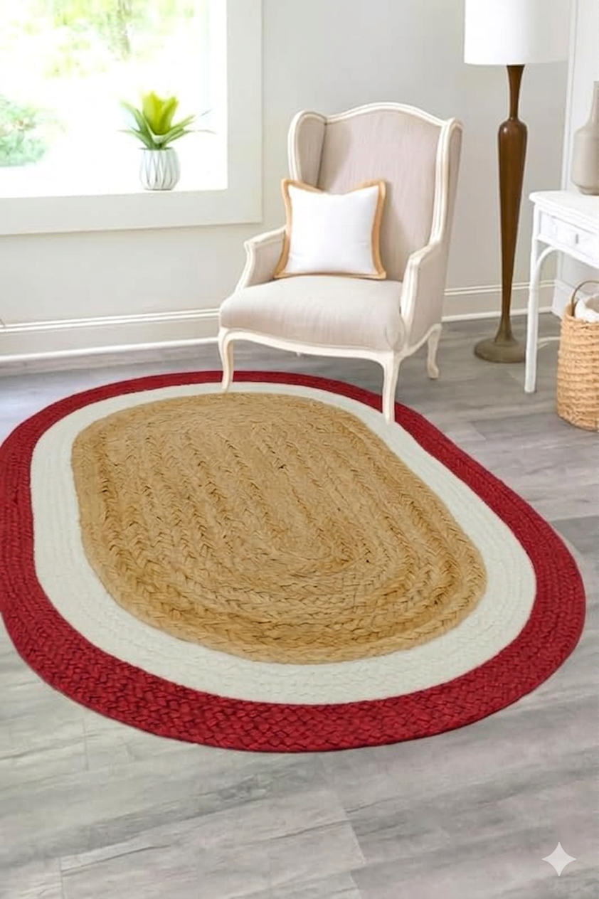 Handwoven Oval Jute Rug with Red & White Border | Natural Braided Area Carpet