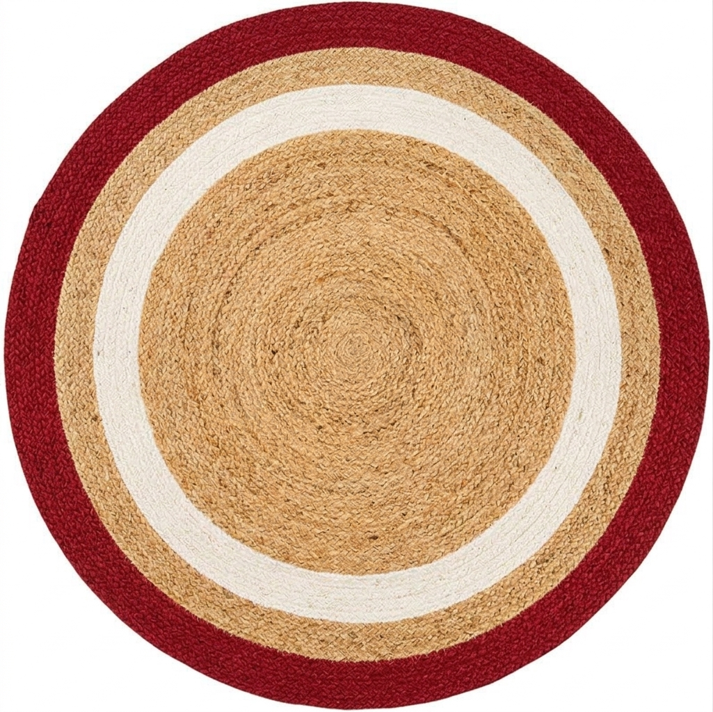 Red Border Round Braided Jute Rug ā Handmade Farmhouse Area Carpet Red Border Round Braided Jute Rug Handmade Natural Fiber Area Rug for Living Room Farmhouse and Boho Home Decor