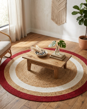 Round Natural Jute Rug with Red Accent Border Eco Friendly Braided Carpet for Rustic Farmhouse Interior