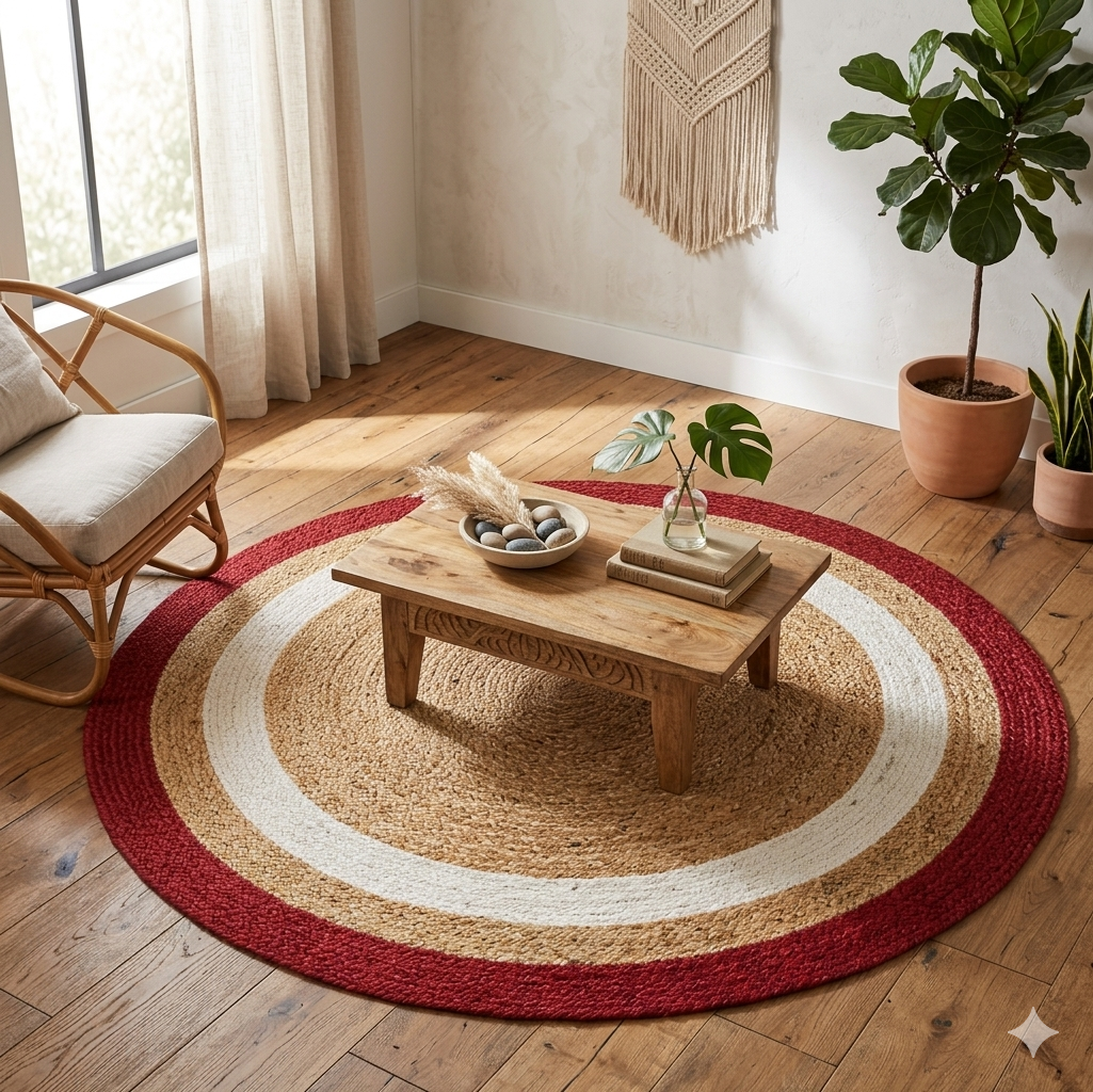 Round Natural Jute Rug with Red Accent Border ā Rustic Home Decor Round Natural Jute Rug with Red Accent Border Eco Friendly Braided Carpet for Rustic Farmhouse Interior